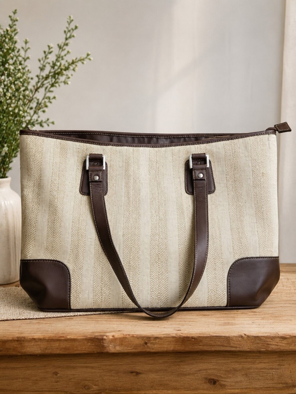 Merona Large Plaid Tote Bag Brown Faux Leather Shoulder Handbag 20x12